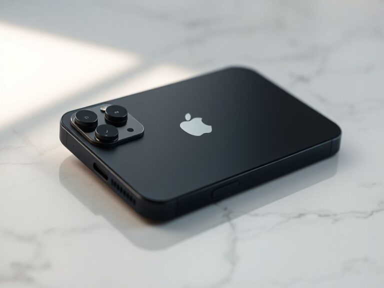 A sleek iPhone 17 Pro Max in natural lighting, showcasing its matte titanium back, camera island, and edge-to-edge display, p