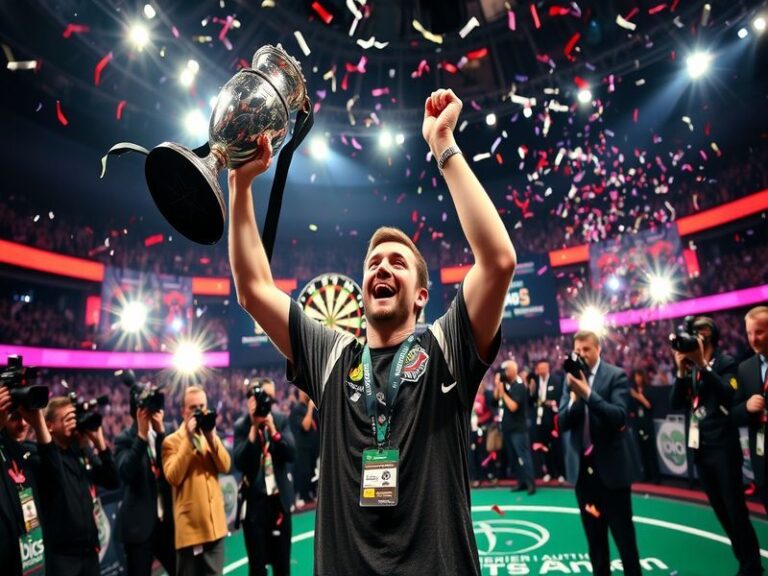 A vibrant arena scene at the O2 in London, with players on stage under bright lights, a packed crowd in the background, and a