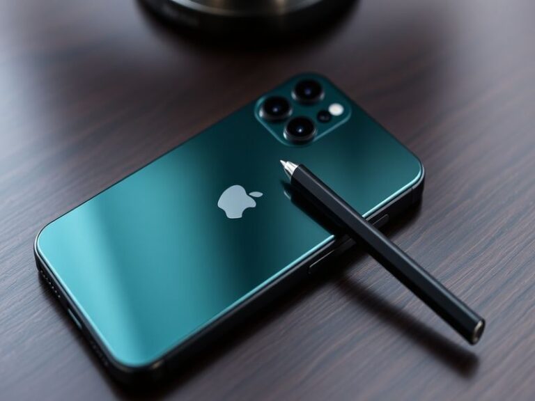 A sleek iPhone 17 Pro Max displayed at a slight angle, showcasing its Deep Ocean color and refined camera bump. The backgroun