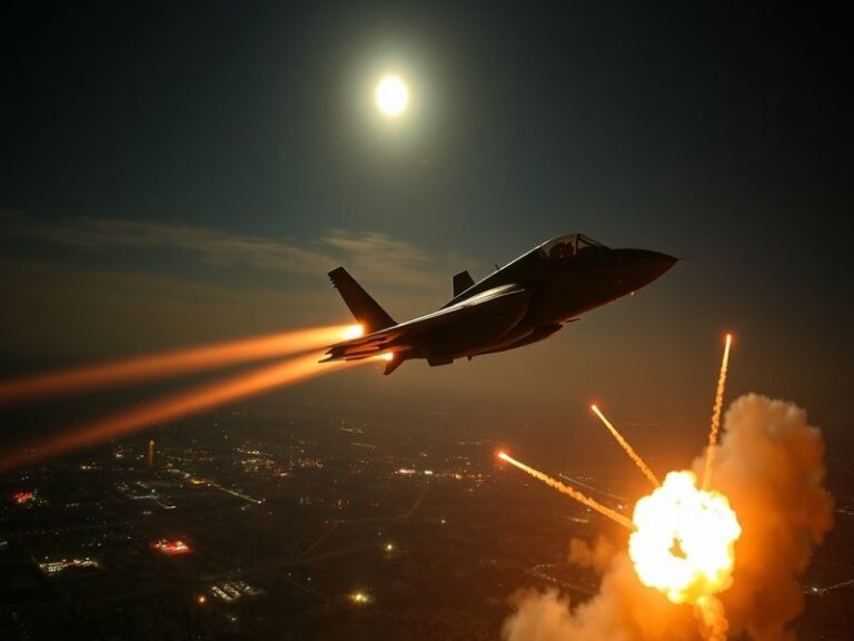 A split-image illustration showing an Israeli F-35 jet on one side and an Iranian missile launch on the other, with a backgro