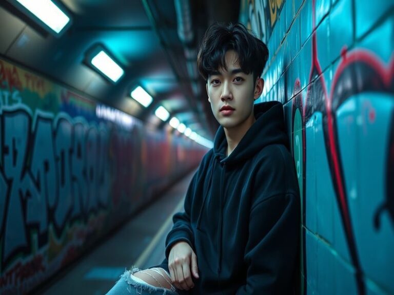 A vibrant concert photo of Mark NCT performing on stage, bathed in colorful lights, with the NCT logo in the background. The