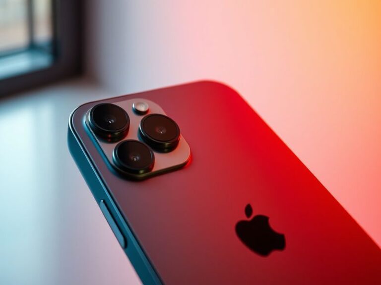 A sleek iPhone 17 Pro Max in space black, placed on a minimalist marble surface with a soft, diffused light casting subtle sh