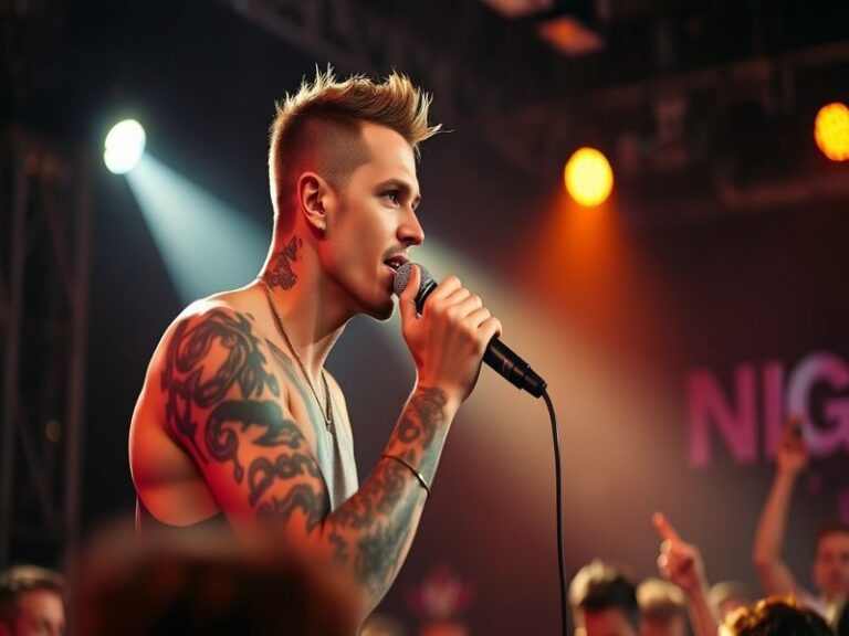 A dynamic concert shot of Mark NCT performing on stage with vibrant lighting, wearing a stylish streetwear-inspired outfit, m