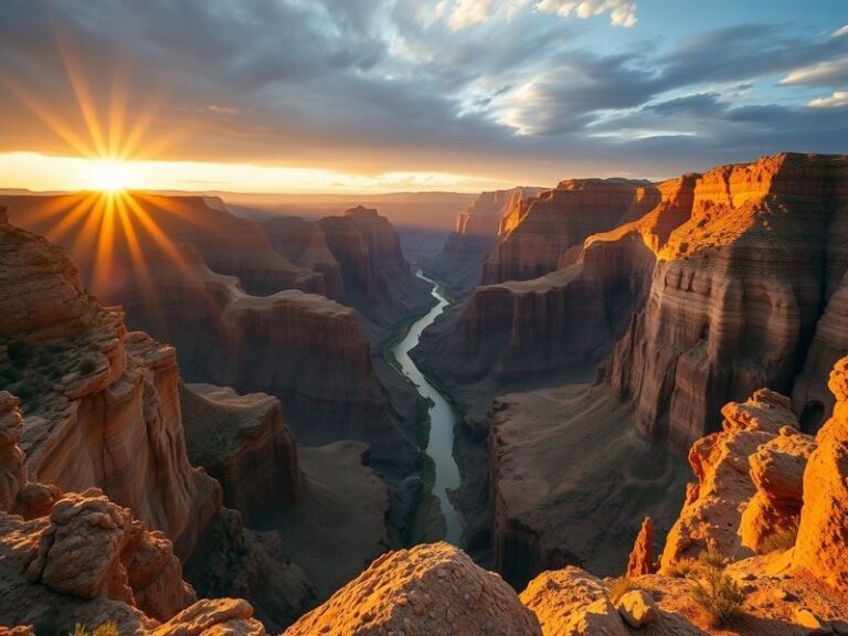 A panoramic view of a vast, open landscape with a lone figure on horseback silhouetted against a setting sun, blending tradit