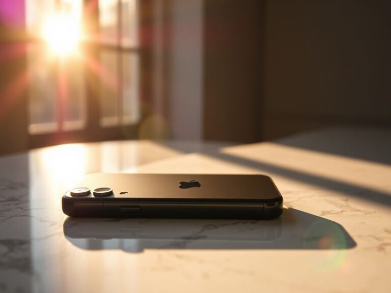 A sleek iPhone 17 Pro Max in a natural setting, showcasing its titanium frame and matte finish. The device is placed on a woo