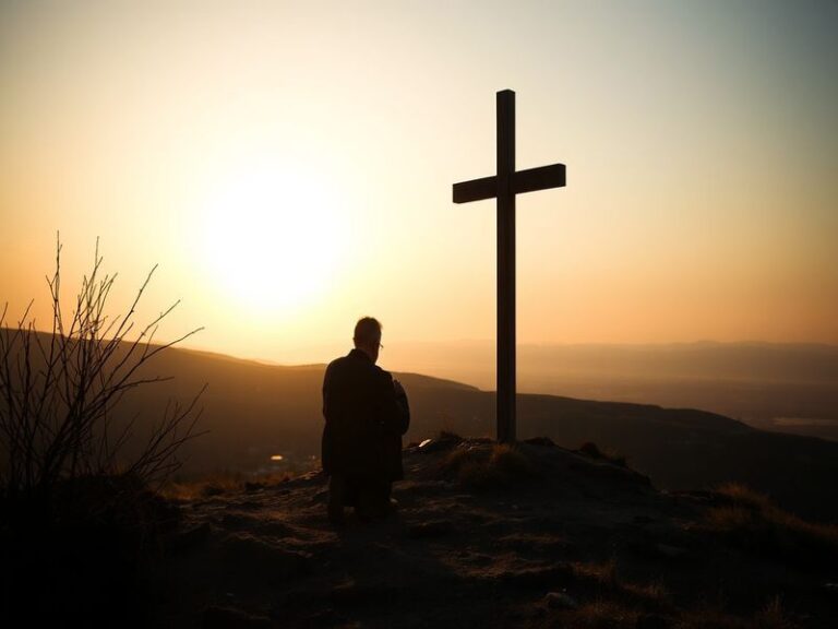 A somber yet hopeful scene of a church interior on Good Friday, with candles, a wooden cross draped in purple cloth, and stai