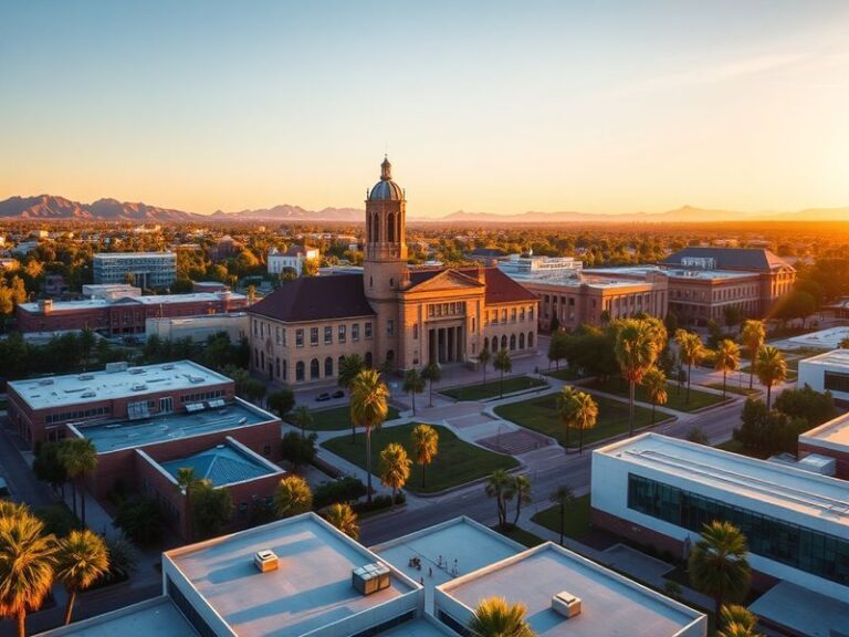 A vibrant campus scene at the University of Arizona with students walking near the iconic Old Main building, surrounded by de