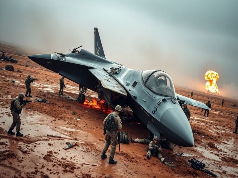 A damaged F-35 stealth fighter on the ground with emergency response teams surrounding it, set against a backdrop of military