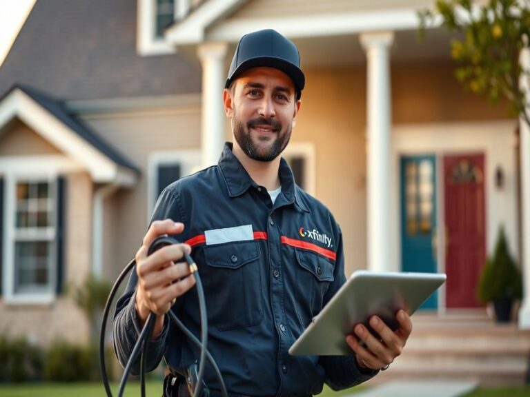 A split-screen image showing a modern suburban home with Xfinity-branded router and devices on one side, and a global network