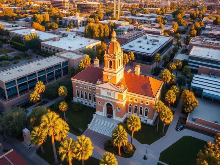 A vibrant aerial view of the University of Arizona campus at sunset, showcasing the iconic Old Main building, modern research