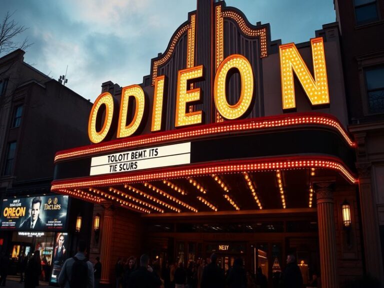 A vibrant art deco Odeon cinema marquee at dusk, with classic film posters and a crowd gathered outside. The warm glow of neo