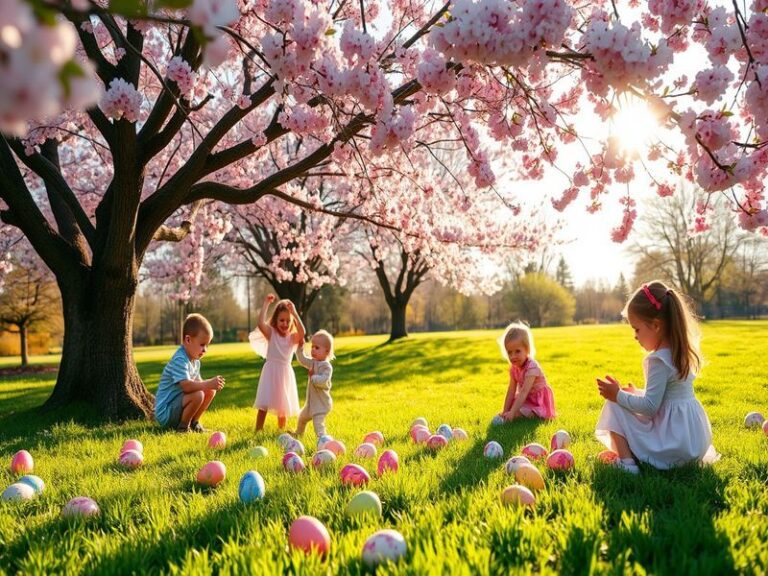 A serene spring scene featuring a blooming garden with pastel-colored Easter eggs, a small wooden cross, and a soft sunrise,