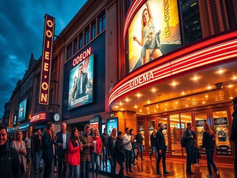A vibrant exterior shot of an Odeon cinema in the 1930s, featuring Art Deco architecture, neon signage, and a queue of movieg