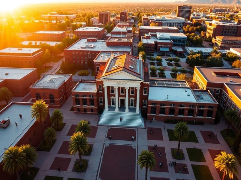 A vibrant aerial view of the University of Arizona campus at golden hour, showcasing modern architecture, palm-lined walkways