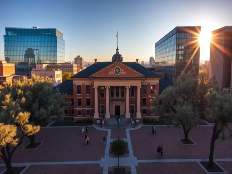 Aerial view of the University of Arizona campus with red-brick buildings, palm trees, and the iconic Old Main building set ag