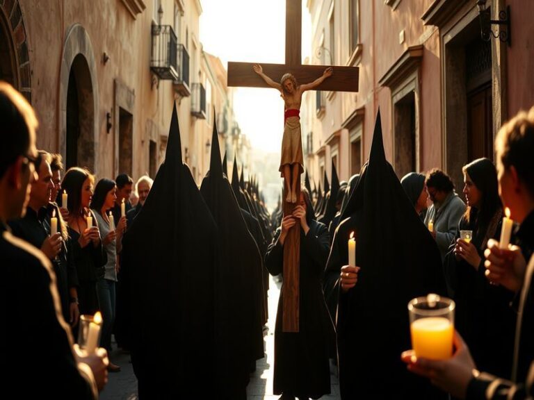 A somber yet powerful scene of a Spanish Semana Santa procession at dusk, with hooded penitents carrying a heavy float depict