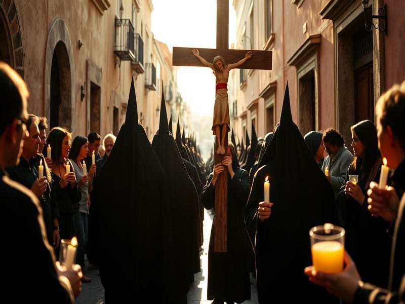 A somber yet powerful scene of a Spanish Semana Santa procession at dusk, with hooded penitents carrying a heavy float depict