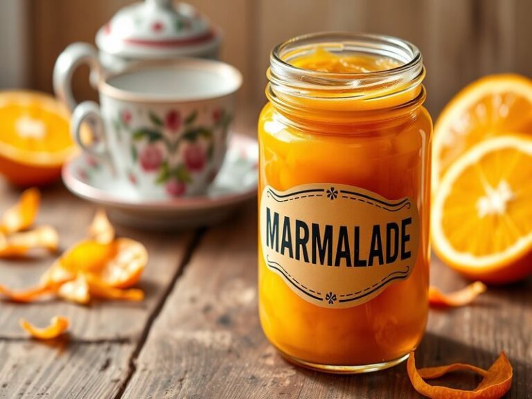 A split-image visual: the left side shows classic jars of Seville orange marmalade with a vintage British label, while the ri