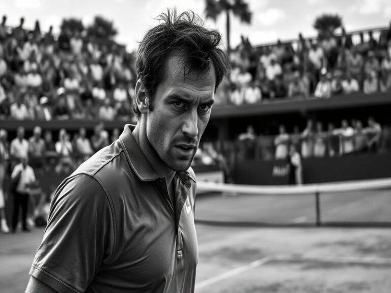 A focused Marco Trungelliti mid-match on a clay court, wearing an Argentine flag-themed headband and shirt, with intense conc