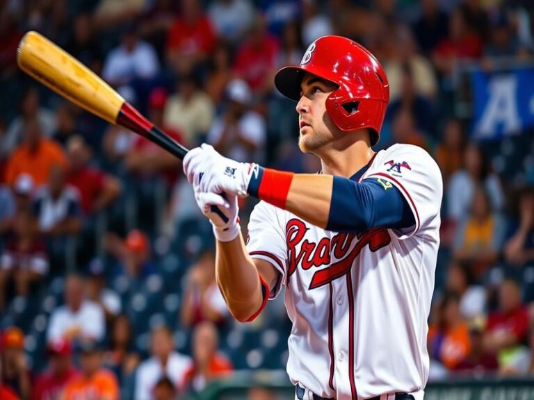 A dynamic shot of Atlanta Braves players celebrating on the field at Truist Park, with a scoreboard in the background showing