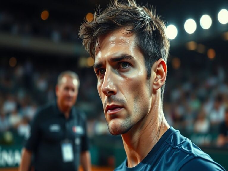 A focused Marco Trungelliti mid-match on clay, showcasing his two-handed backhand and intense concentration. The setting is a