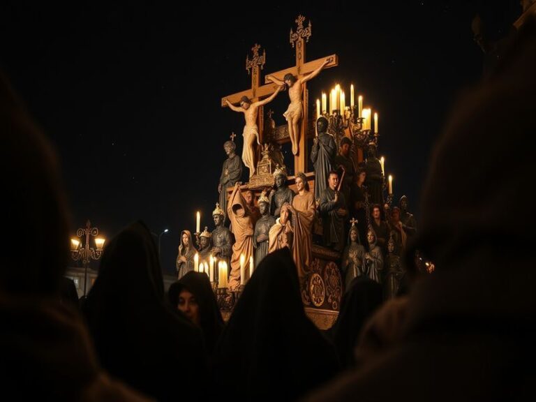 A vibrant Holy Week procession in Seville, Spain, featuring hooded penitents carrying ornate floats through narrow, flower-li