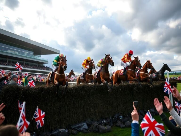 A vibrant shot of Aintree Racecourse on Ladies' Day, with spectators in elegant spring attire, jockeys in silks, and the icon