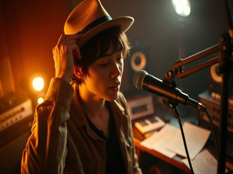 A moody studio portrait of Swae Lee singing into a microphone, bathed in soft blue and purple lighting, with a futuristic urb