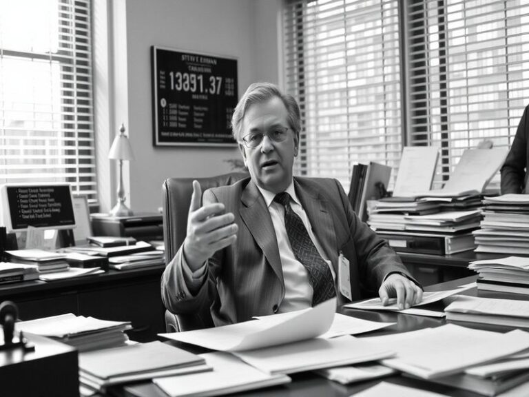 A focused portrait of Steve Eisman in a business setting, dressed in a suit with a serious expression, possibly mid-conversat