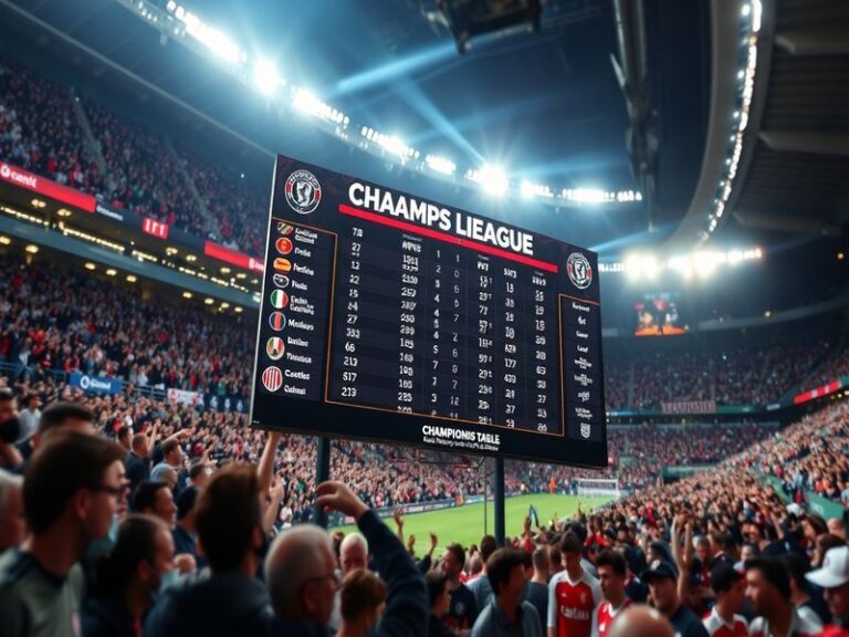 A vibrant stadium scene with a large electronic leaderboard displaying a championship league table. The board shows team name