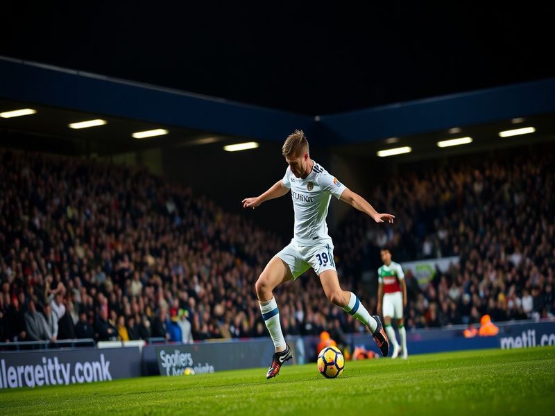 A dynamic action shot of Luke Ayling in a Leeds United kit, mid-tackle during a match at Elland Road, with a focused expressi