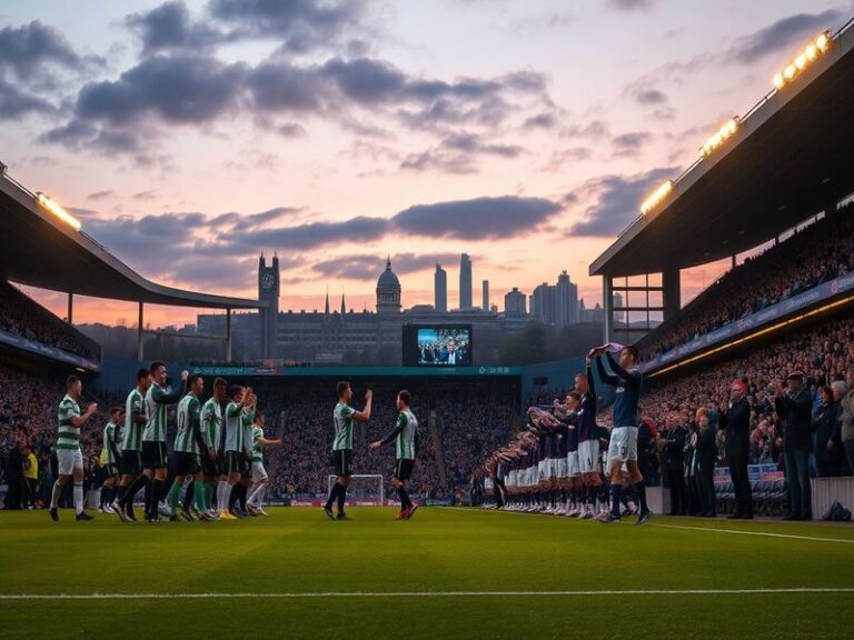 A vibrant stadium scene during a Scottish Premiership match, with fans in tartan scarves, players in action, and a clear view