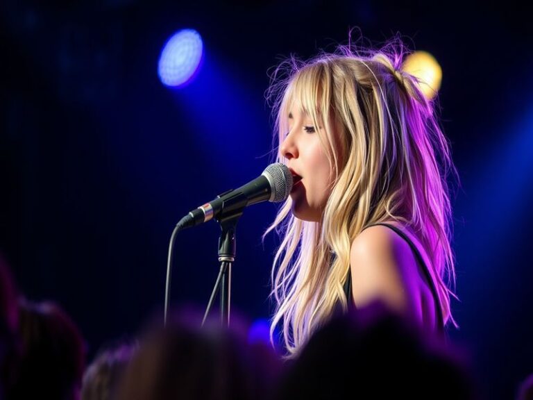 A candid portrait of Noah Cyrus in a dimly lit recording studio, wearing a vintage-style outfit with a focused expression, ca