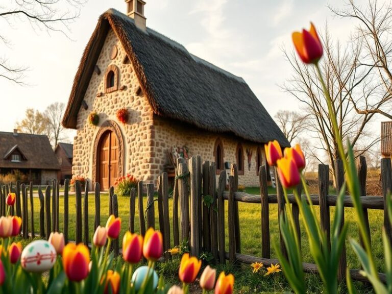 A vibrant spring scene featuring a basket of colorful Easter eggs, a chocolate bunny, and blooming tulips on a sunlit wooden