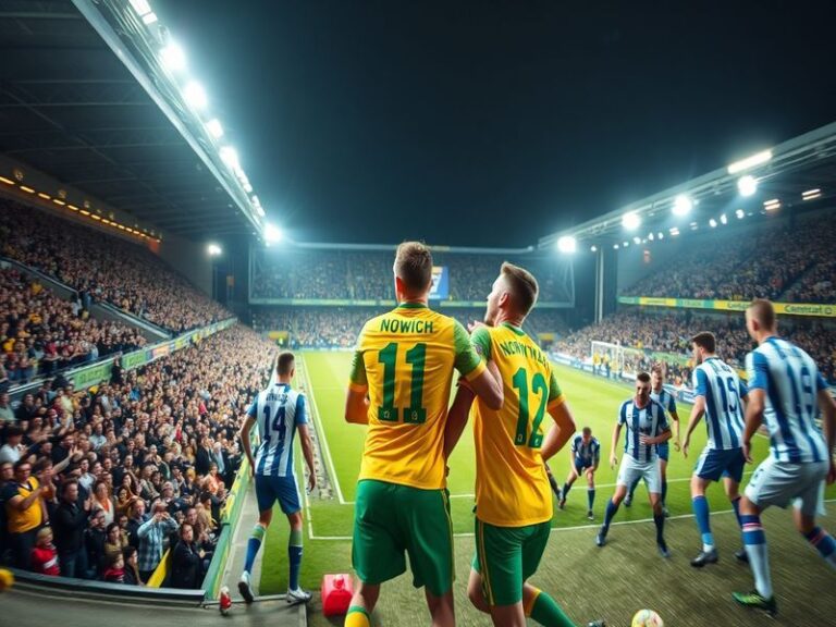 A mid-action shot of a Norwich City player in a yellow kit controlling the ball against a Portsmouth player in blue, with Car