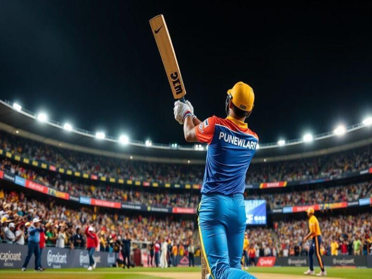 A vibrant IPL stadium shot featuring CSK in yellow and PBKS in red and blue, with players in mid-celebration during a crucial