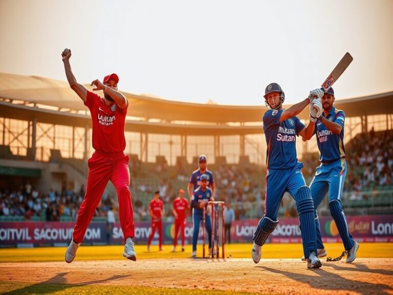 A vibrant stadium scene during a Multan Sultans vs Lahore Qalandars match, showcasing packed stands with fans in team colors,
