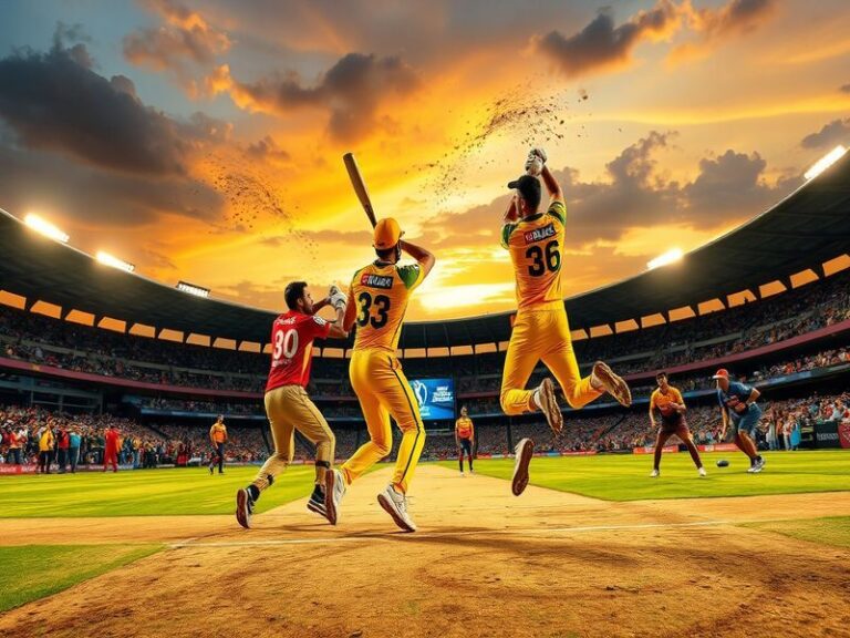 A vibrant cricket stadium under lights, with CSK and PBKS players in action during a tense IPL match. The atmosphere is elect
