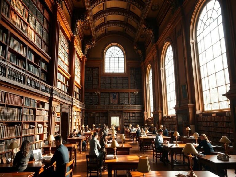 A bright, modern library interior with diverse patrons using computers, reading, and attending a workshop. The setting includ