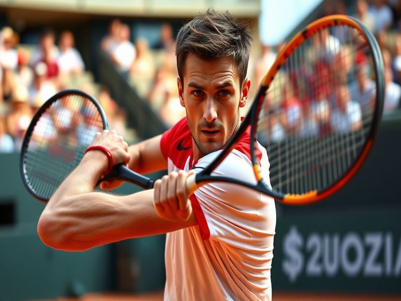 A focused action shot of Alex Molčan in mid-match on a clay court, wearing a blue and white Slovak national team jersey, inte