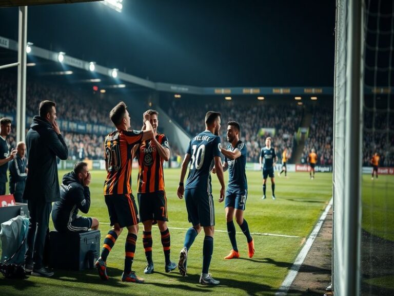 A stadium shot from the Kassam Stadium during the Oxford United vs Hull City match, showing players in action, fans in the st