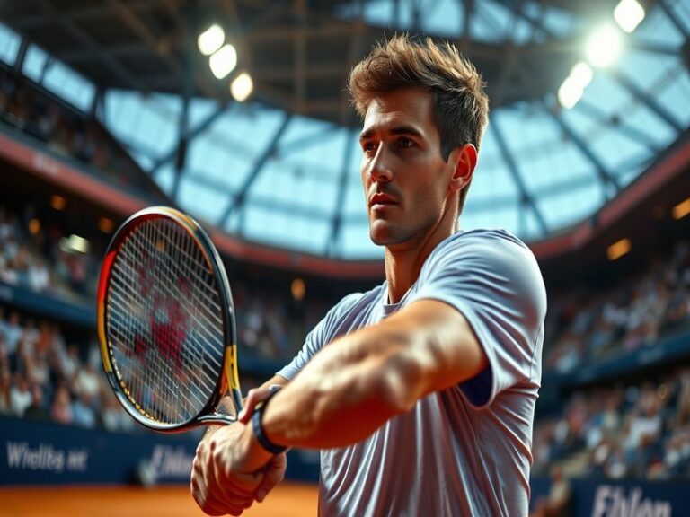 A focused action shot of Alex Molčan mid-match on a clay court, wearing his Slovakian team colors, intense expression, with t