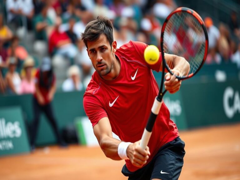 A dynamic action shot of Alex Molčan in mid-match on a clay court, showcasing his focused expression, athletic form, and inte
