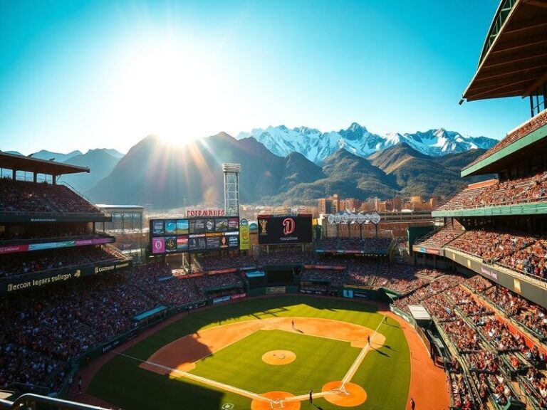 A vibrant shot of Coors Field on Opening Day, filled with purple-clad fans, players on the field, and the Rocky Mountains in