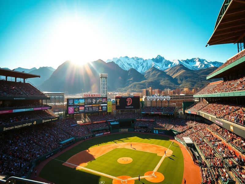 A vibrant shot of Coors Field on Opening Day, filled with purple-clad fans, players on the field, and the Rocky Mountains in