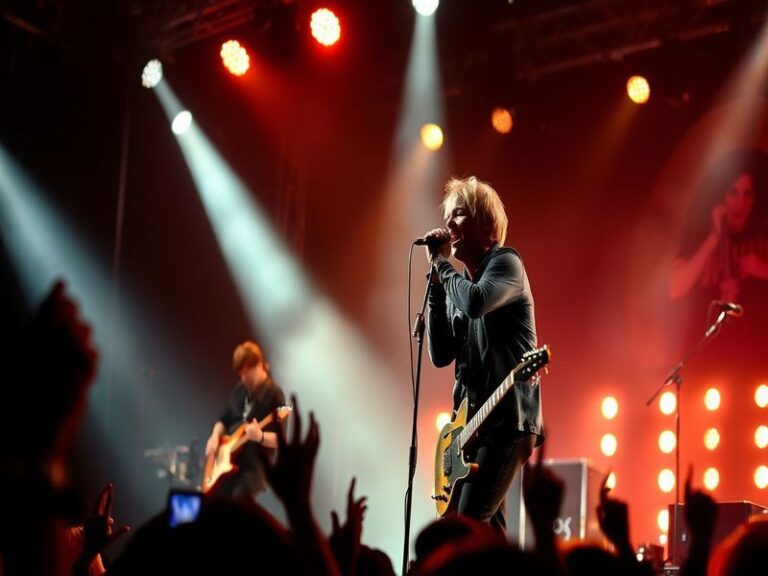 A vibrant concert scene featuring the Goo Goo Dolls performing on stage with colorful stage lights, a diverse audience raisin
