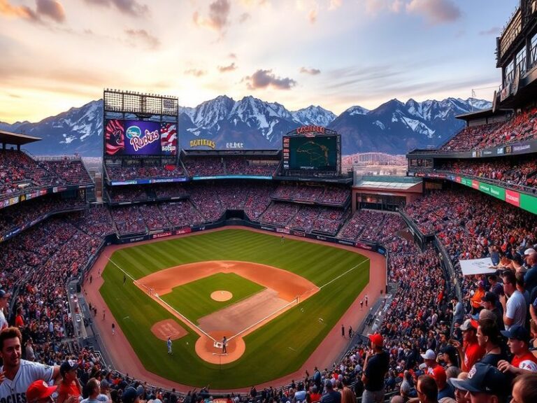 A panoramic shot of Coors Field during Opening Day, with fans in purple and black jerseys, the Rockies’ mascot, and the Rocky