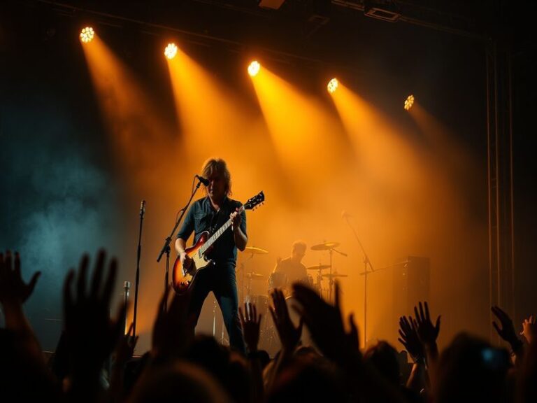 A vibrant concert photo of the Goo Goo Dolls performing on stage, with Johnny Rzeznik mid-guitar solo, the crowd in silhouett