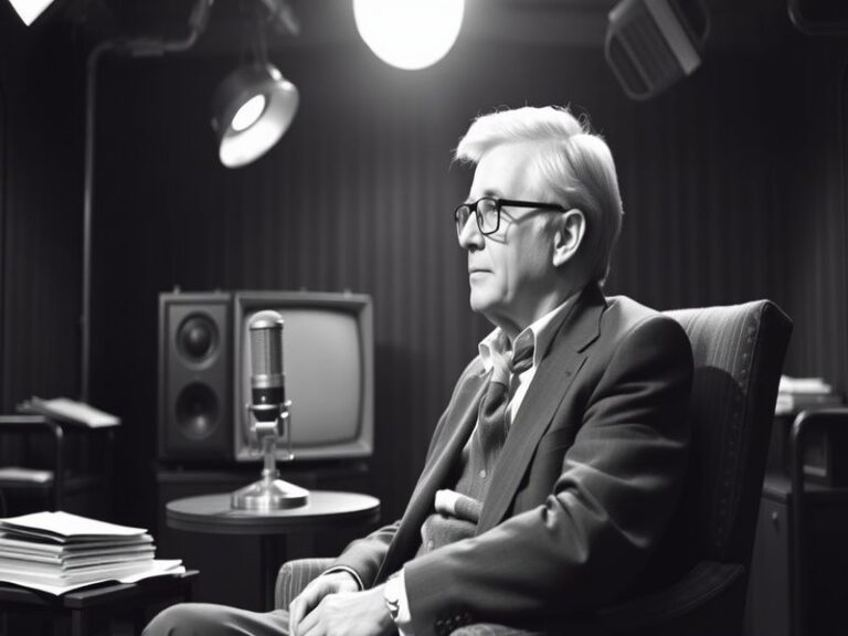 A warm, nostalgic portrait of Michael Aspel in a classic television studio setting, wearing a suit and holding a microphone,