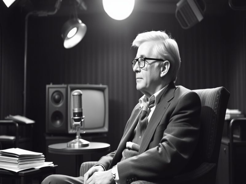 A warm, nostalgic portrait of Michael Aspel in a classic television studio setting, wearing a suit and holding a microphone,